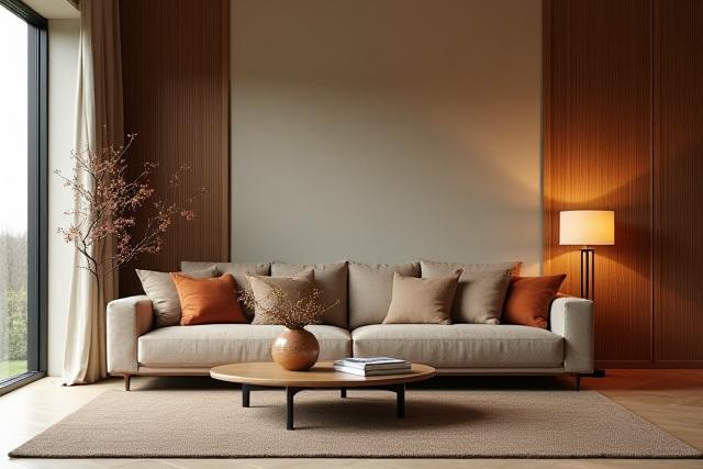 Stilvolles Wohnzimmer mit modernen Möbeln, natürlichen Materialien und warmer Beleuchtung.