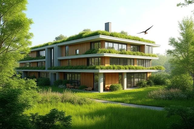 Modernes Gebäude mit Gründach und Solarpaneelen, harmonisch in die Natur integriert.