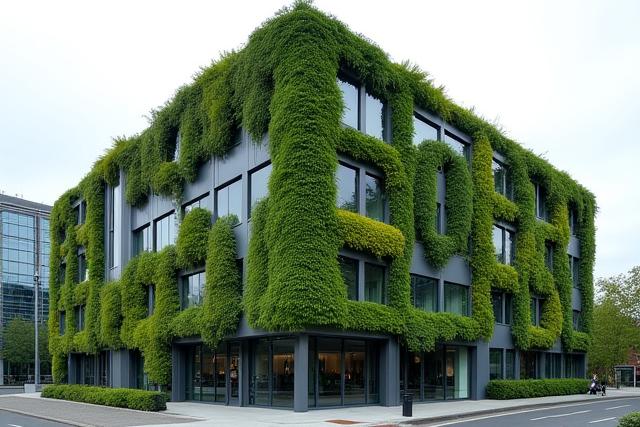 Modernes Bürogebäude mit begrünter Fassade und großen Fenstern