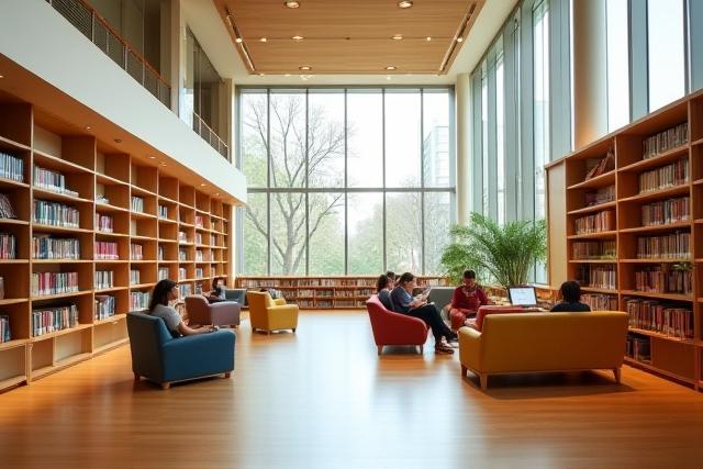 Hell renovierter Lesesaal einer Stadtbibliothek mit moderner Inneneinrichtung